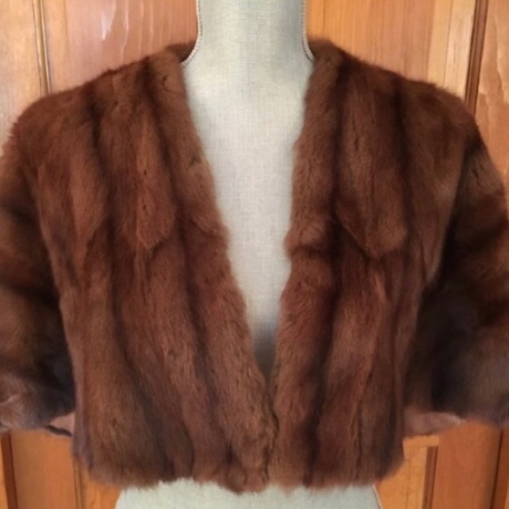 Thalhimers Vintage MINK Fur CAPE Stole with POCKETS Brown Open Size EUC (G6)